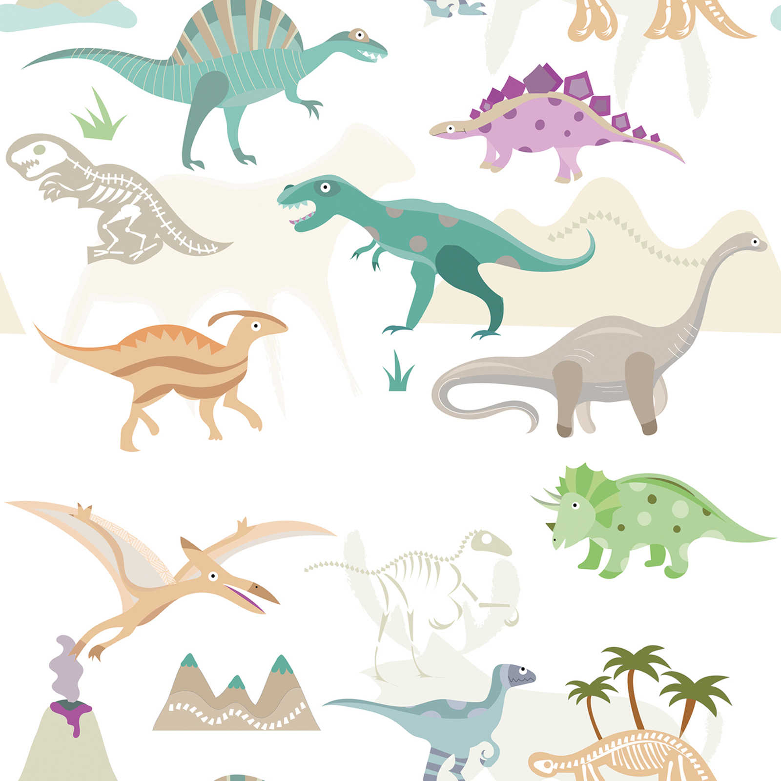 Papel pintado motivo infantil con dinosaurios y volcanes - colorido, crema, beige
