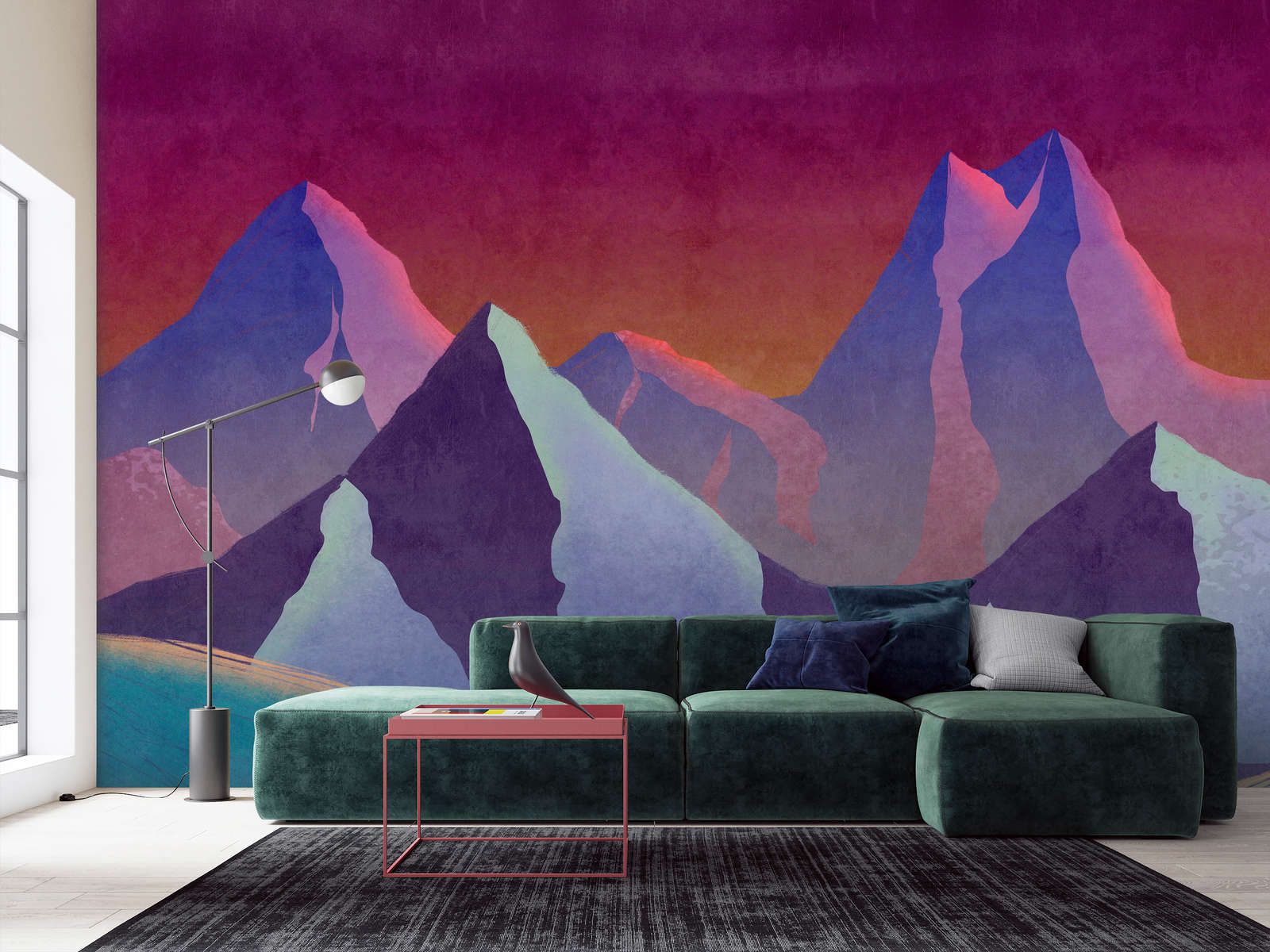             Photo wallpaper »altitude 1« - Abstract mountains in neon colours with vintage plaster texture - Smooth, slightly shiny premium non-woven fabric
        