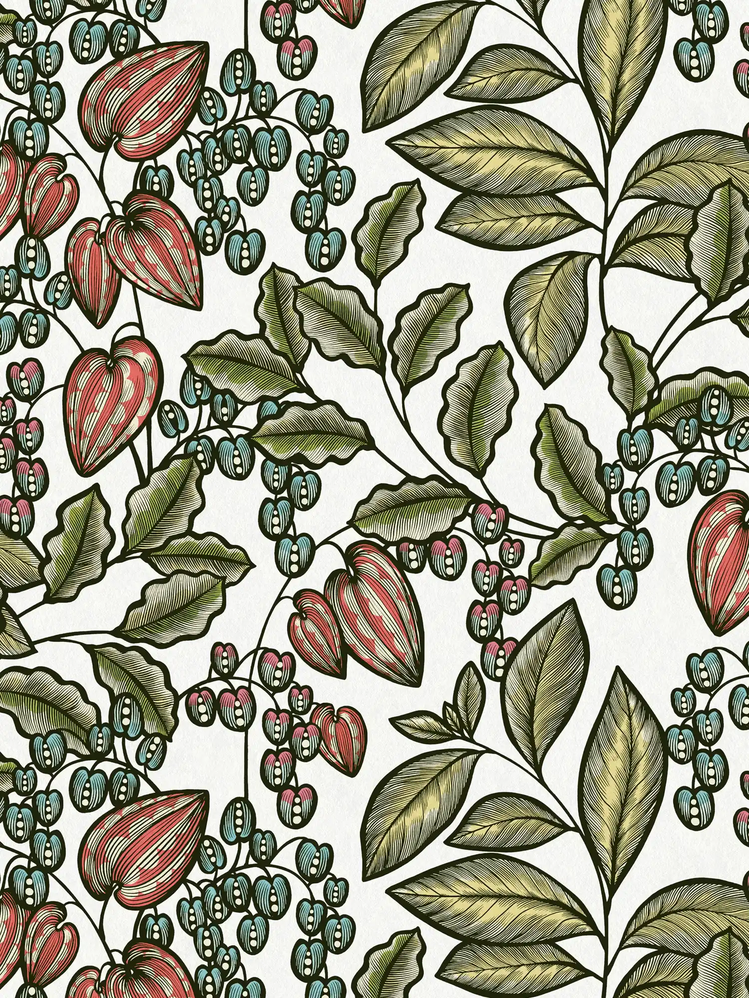 Floral wallpaper nature design Scandinavian print - colourful, green, white
