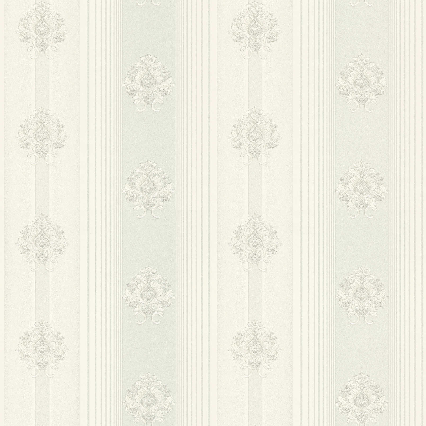 Carta da parati in tessuto non tessuto a strisce e ornamenti con accenti metallici - argento, bianco
