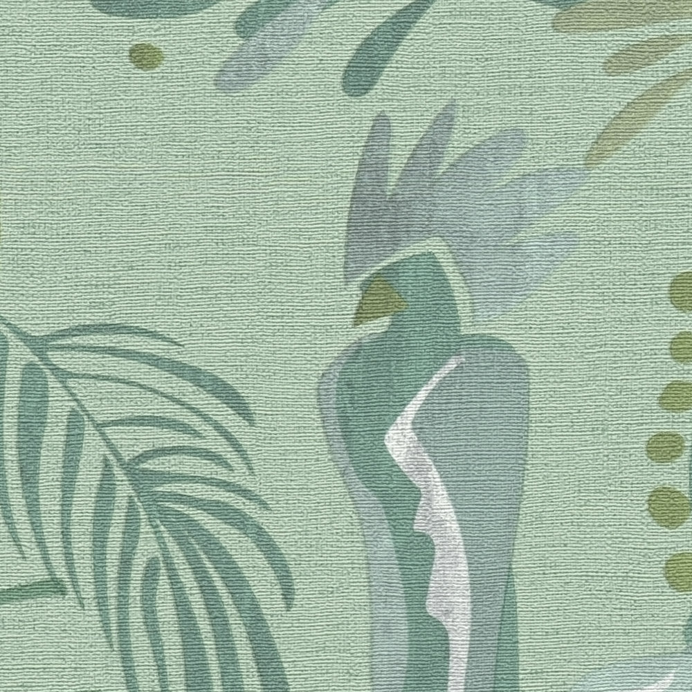             Carta da parati in tessuto non tessuto con motivi di foglie e uccelli della giungla - verde, grigio
        