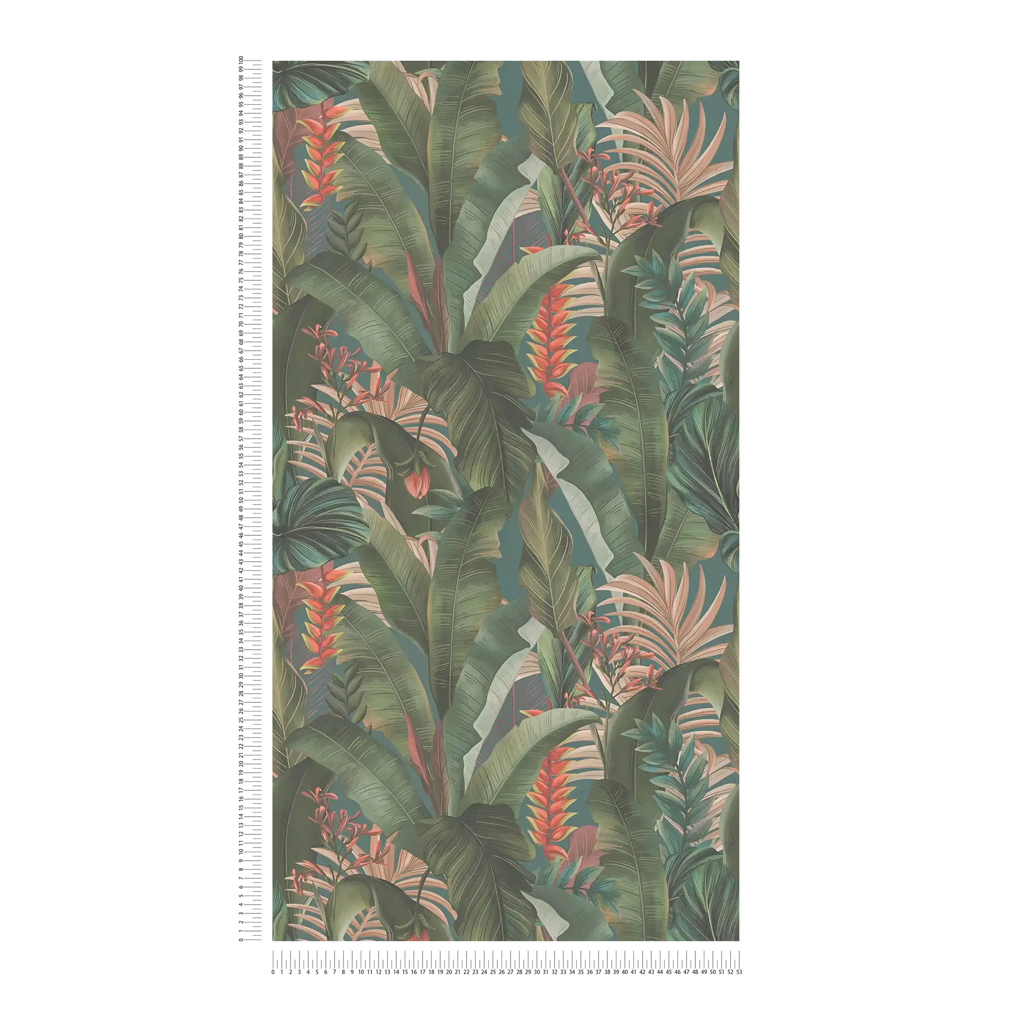             Papel pintado Jungla floral con hojas de palmera y flores textura mate - azul, petróleo, verde
        