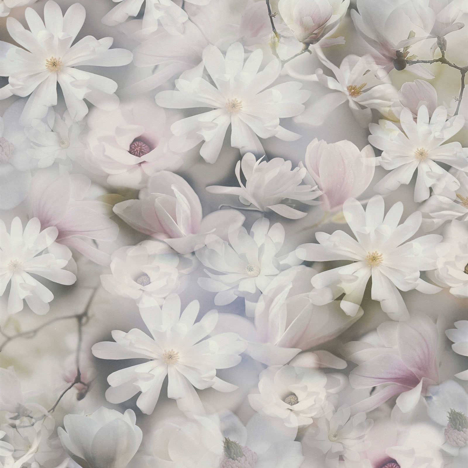 Behang bloemen collage in lichte kleuren - grijs, wit
