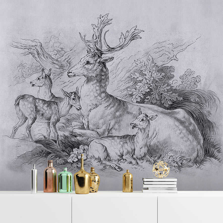         On the Grass 2 - wall mural deer & stag vintage drawing in grey
    