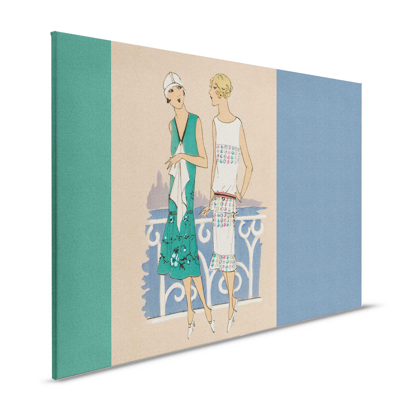 Parisienne 3 - Retro Canvas Painting Fashion Print 20s in Blue & Green - 1.20 m x 0.80 m
