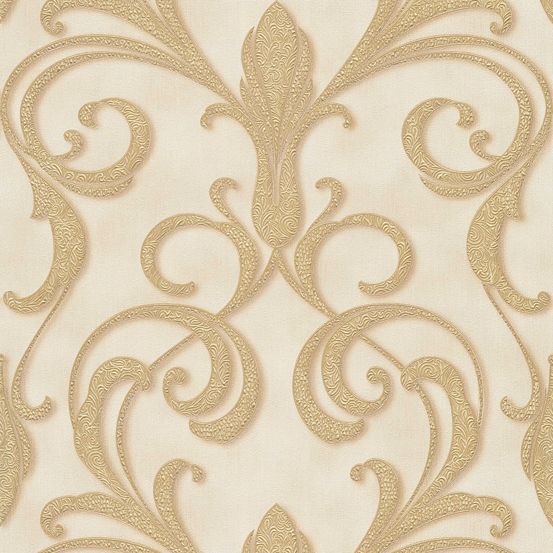 Metallic behang met filigraan ornament patroon - crème
