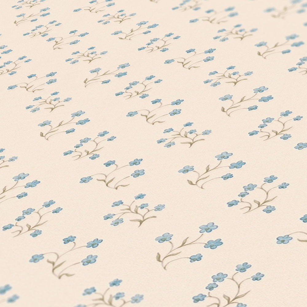             Papier peint fleuri avec petit motif champêtre - crème, bleu, gris
        
