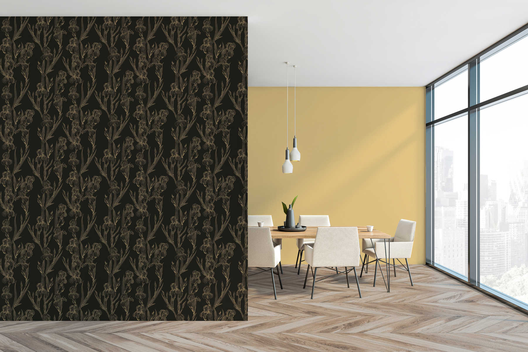             Floral pattern wallpaper with flowers in drawing style - black, yellow
        
