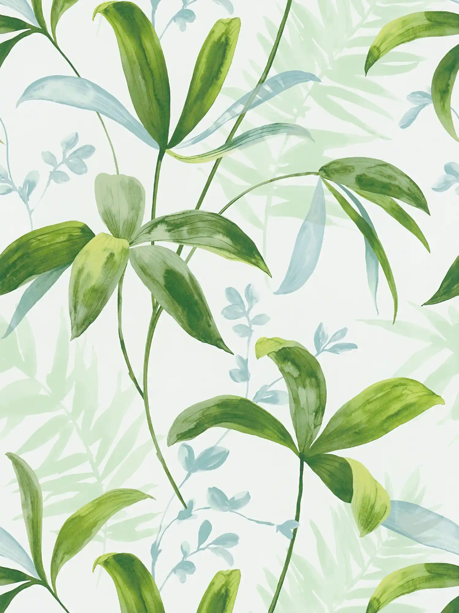 Non-woven wallpaper green leaves in watercolour style - green, white
