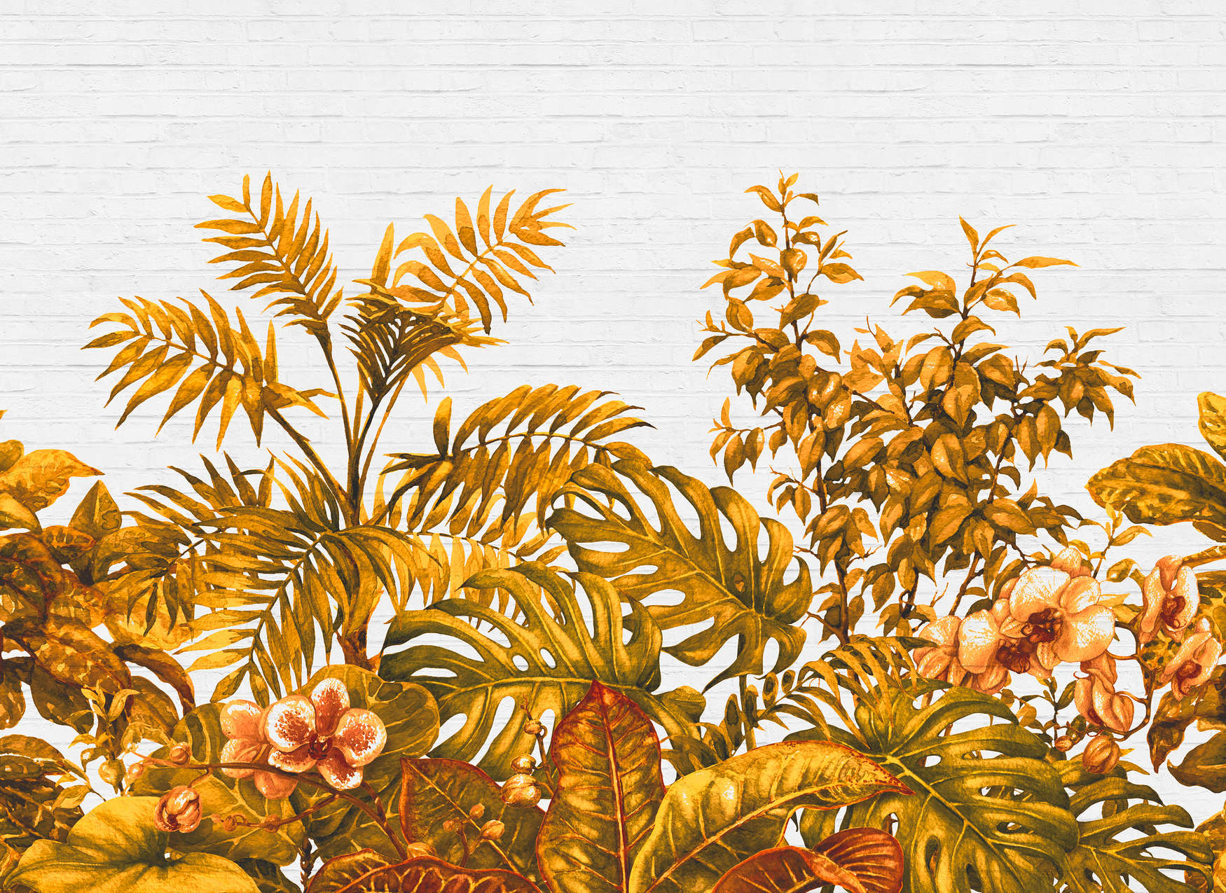             Muurschildering Jungle Planten & Stenen Muur - Oranje, Wit
        