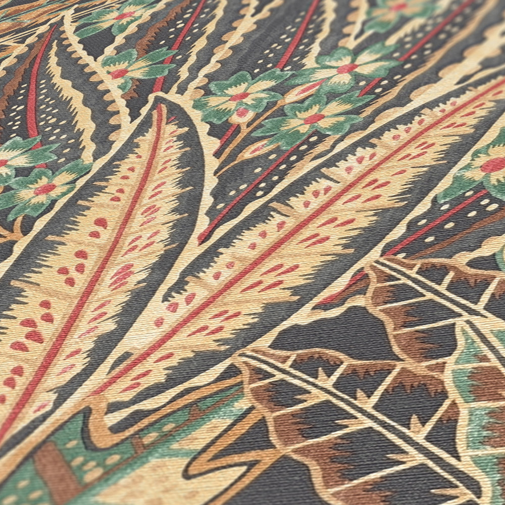             Papel pintado tejido-no tejido floral con motivo abstracto de hojas con toques rojos - marrón, rojo, negro
        