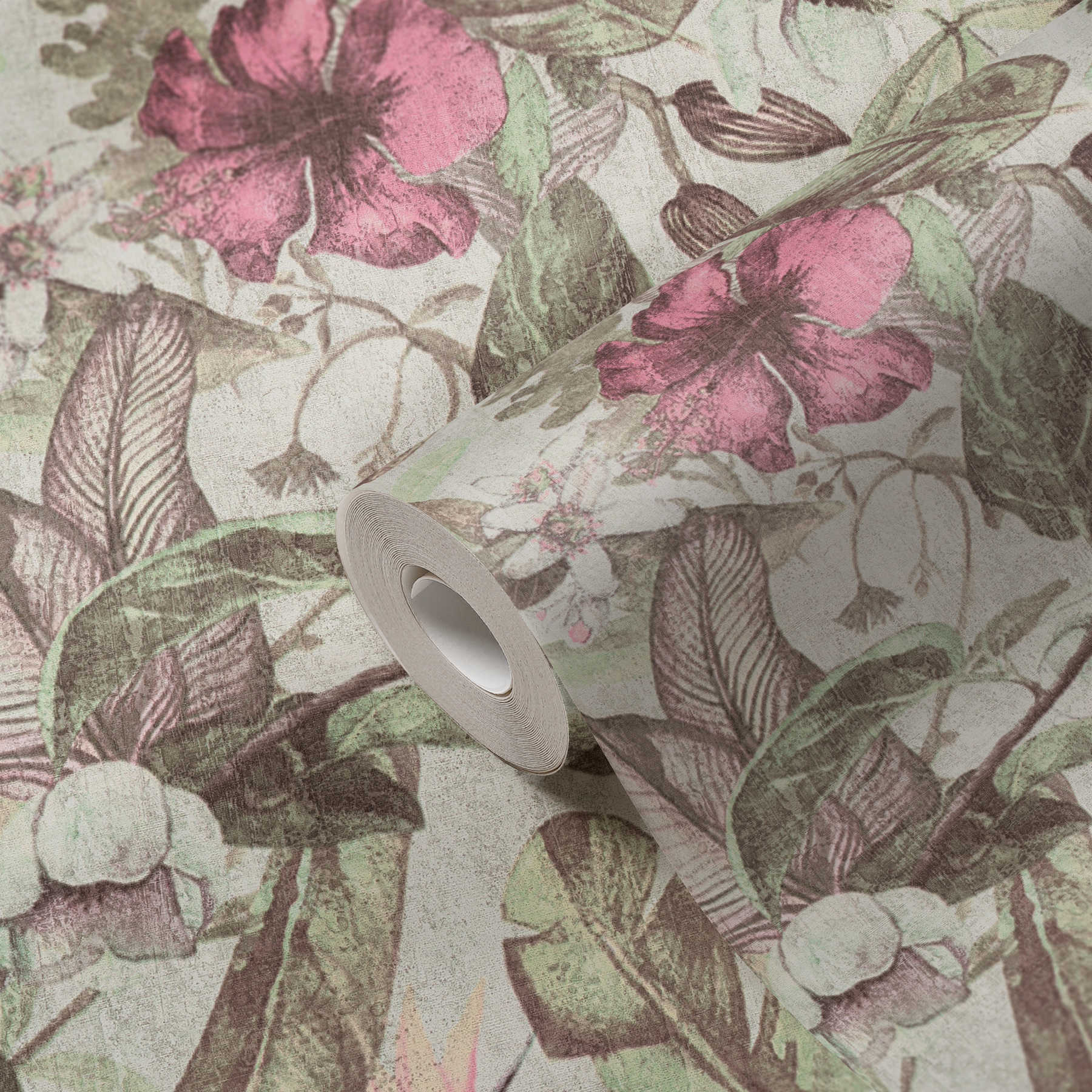             behang bloemenpatroon, tropische stijl & textiel look - roze, groen, bruin
        