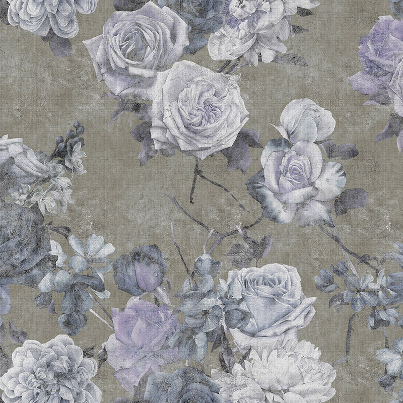 Sleeping Beauty 1 - Papier peint panoramique à structure lin naturel Fleurs de roses aspect usé - bleu, taupe | Intissé lisse mat
