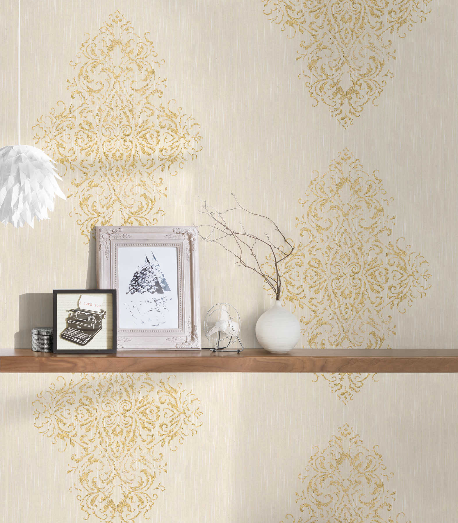             Ornament wallpaper with metallic effect in used look - cream, gold
        