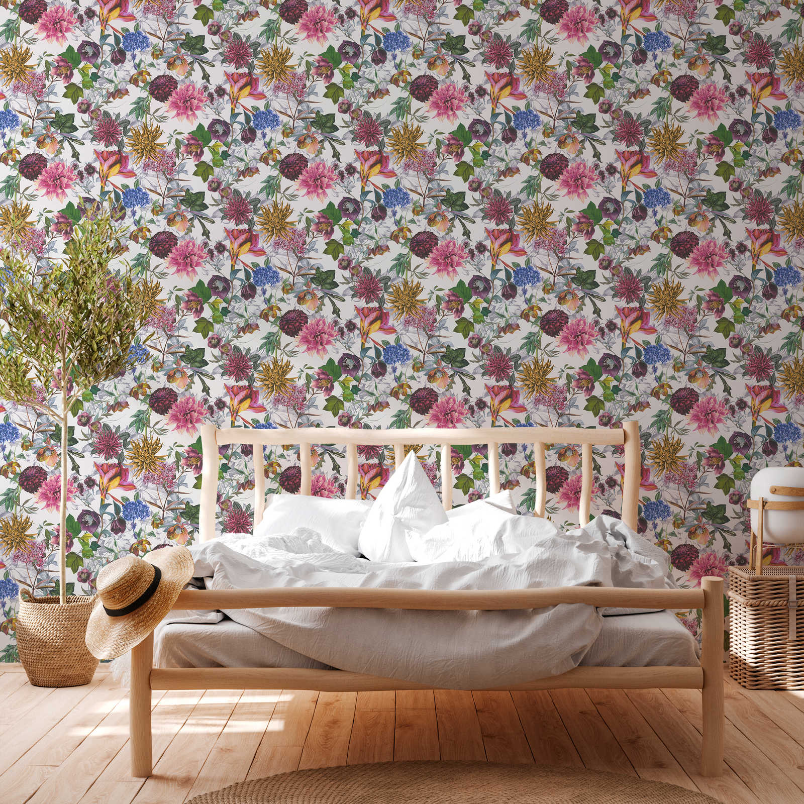             Floral wallpaper colourful with floral pattern - pink, green, yellow
        