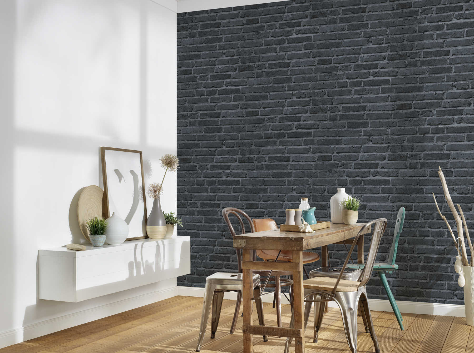             Stone look wallpaper with black bricks - black, grey
        