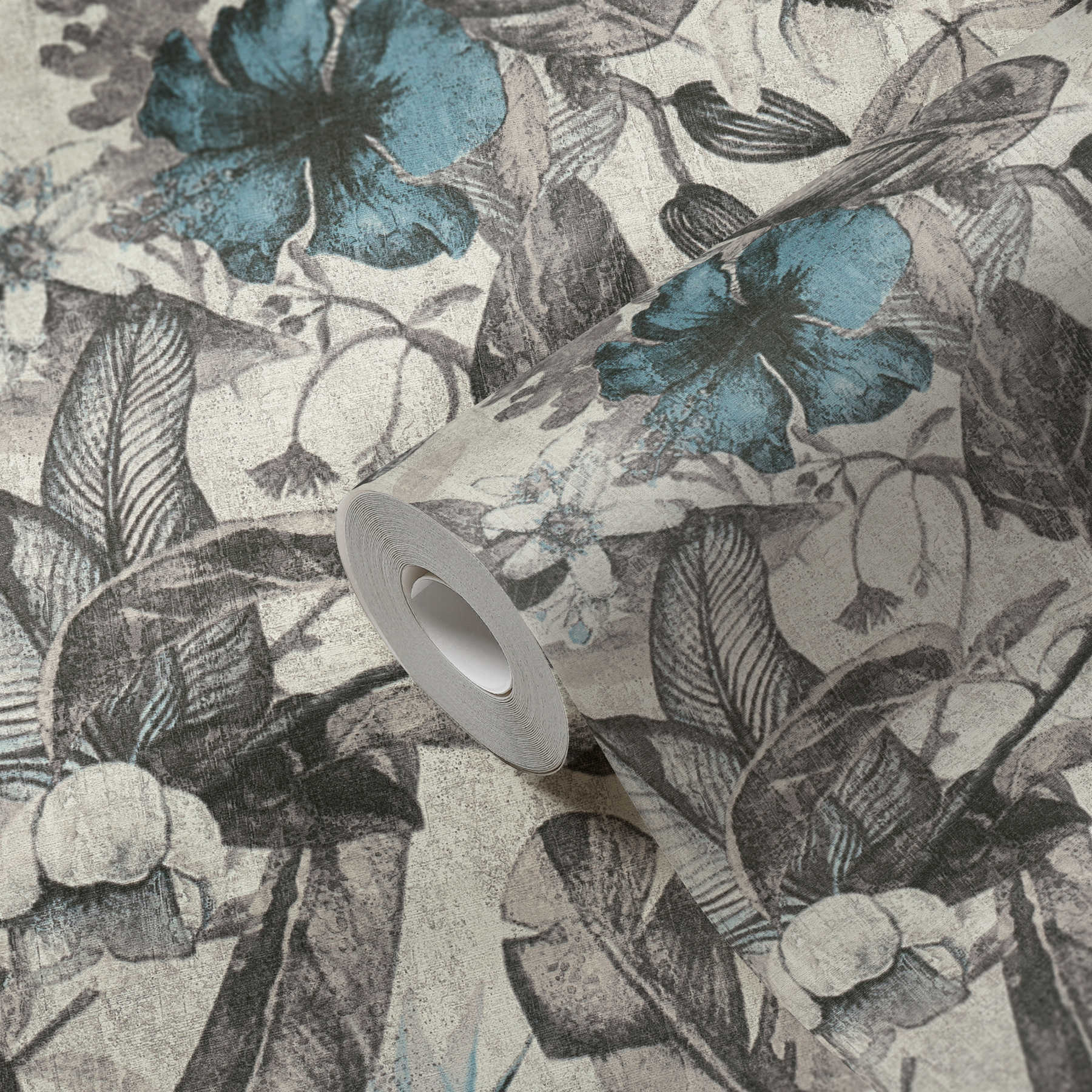             behang tropisch bloemenpatroon in textiellook - blauw, grijs, zwart
        
