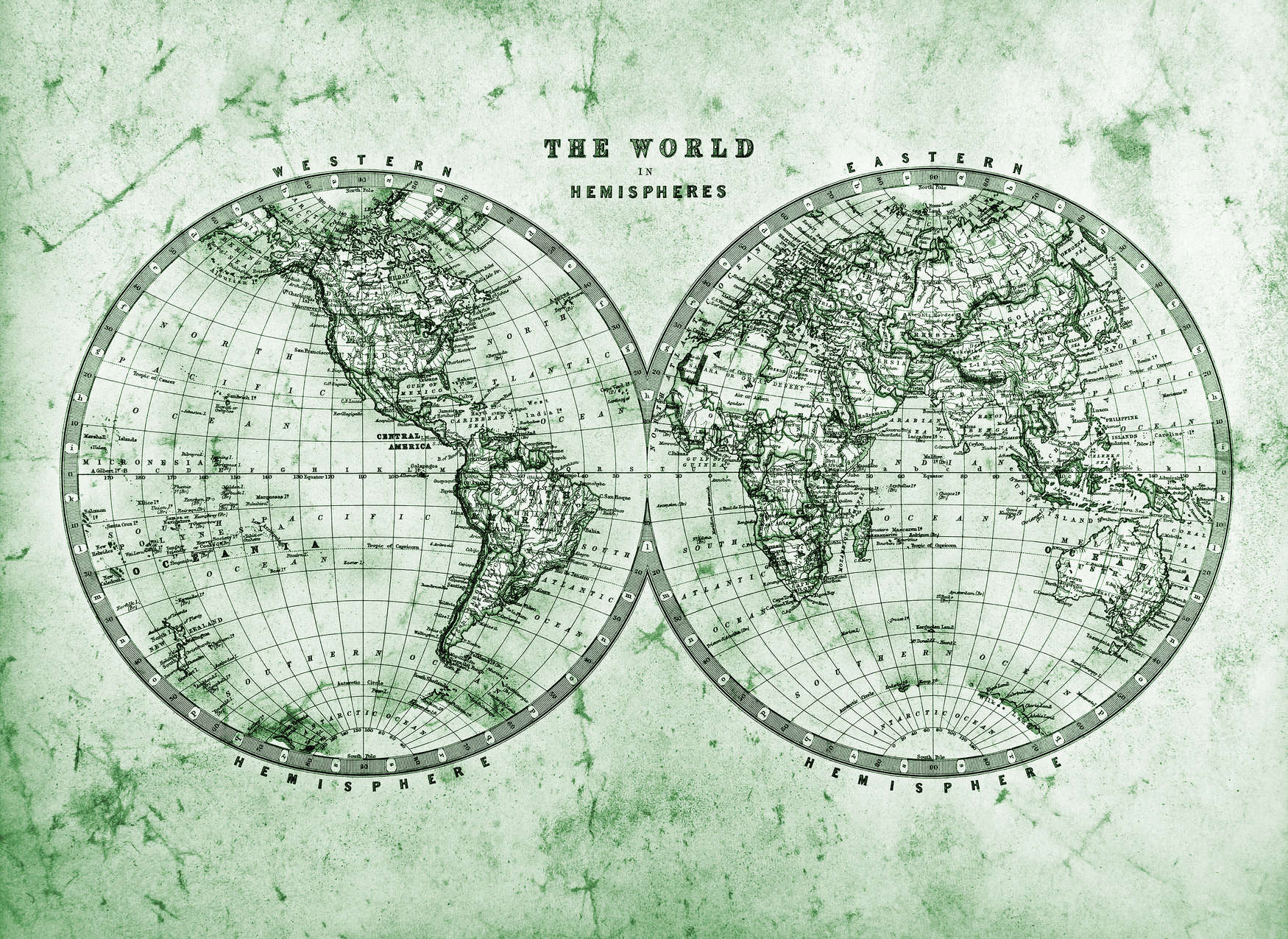             Mapa del mundo vintage en hemisferios - verde, gris, blanco
        