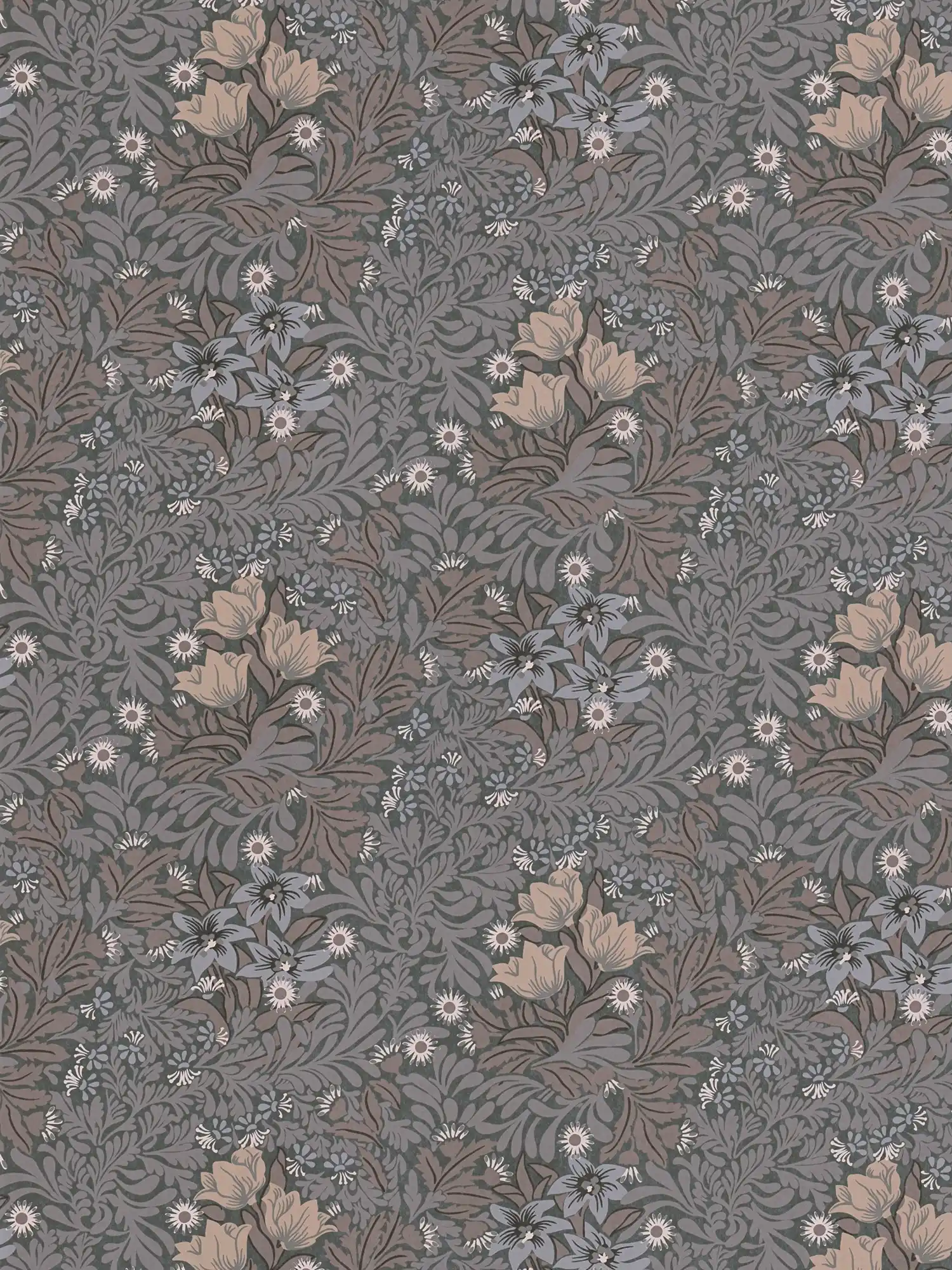 Floral wallpaper with various flowers and vines - grey , beige, brown
