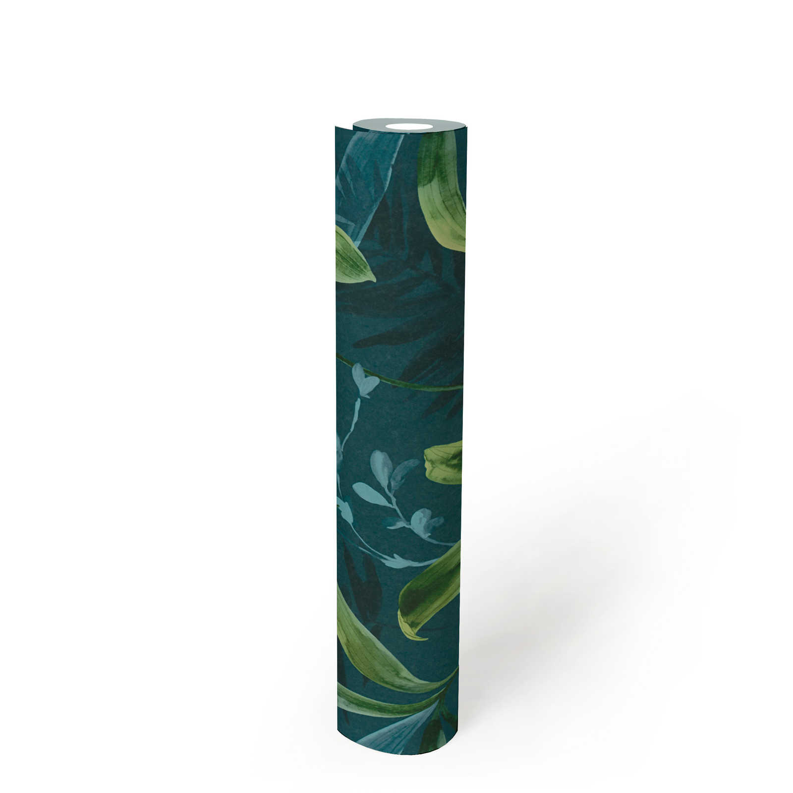             Papier peint vert foncé avec motif de feuilles dans le style aquarelle - bleu, vert
        