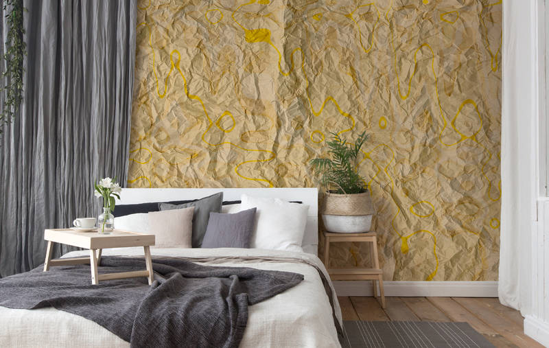             Papier peint motif rétro & aspect papier pour chambre d'adolescent - jaune, orange
        