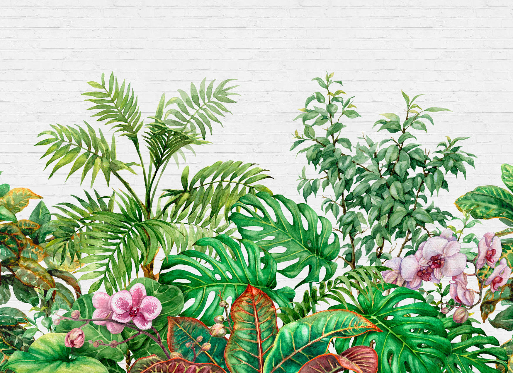             Muurmotief met Junglebladeren - Groen, Wit, Roze
        