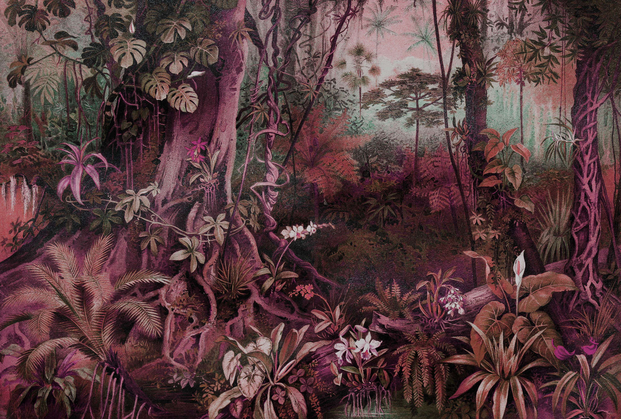             Mural estilo dibujo de la selva - Morado, Verde
        