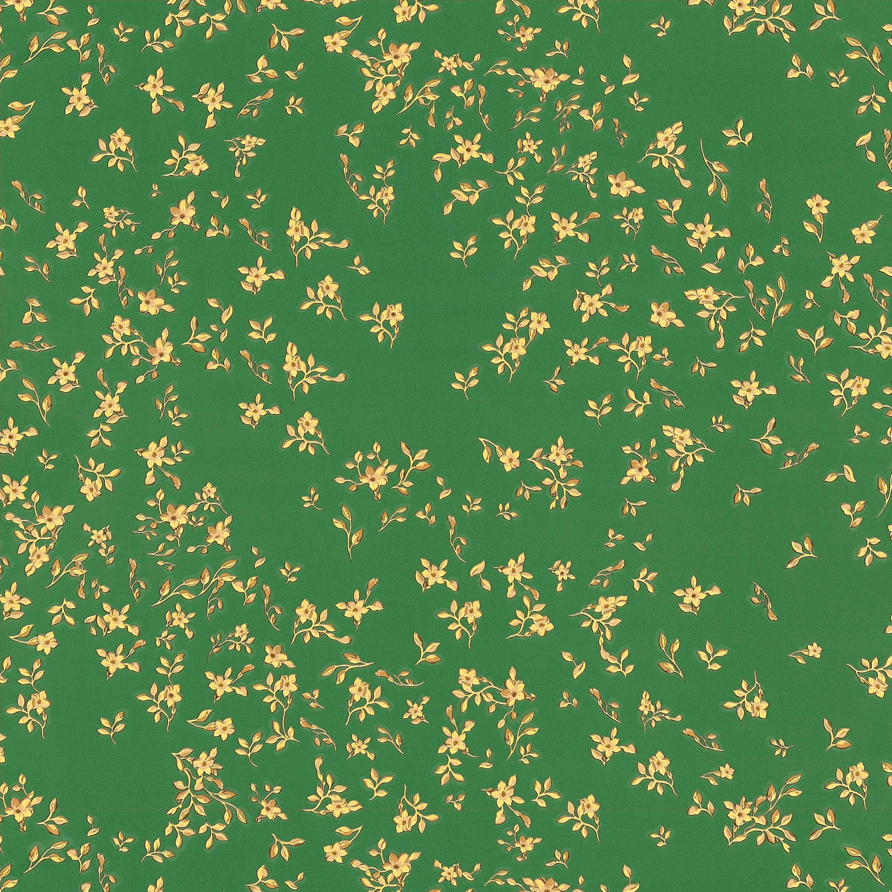 Papier peint vert VERSACE avec petites fleurs dorées - vert, or, jaune
