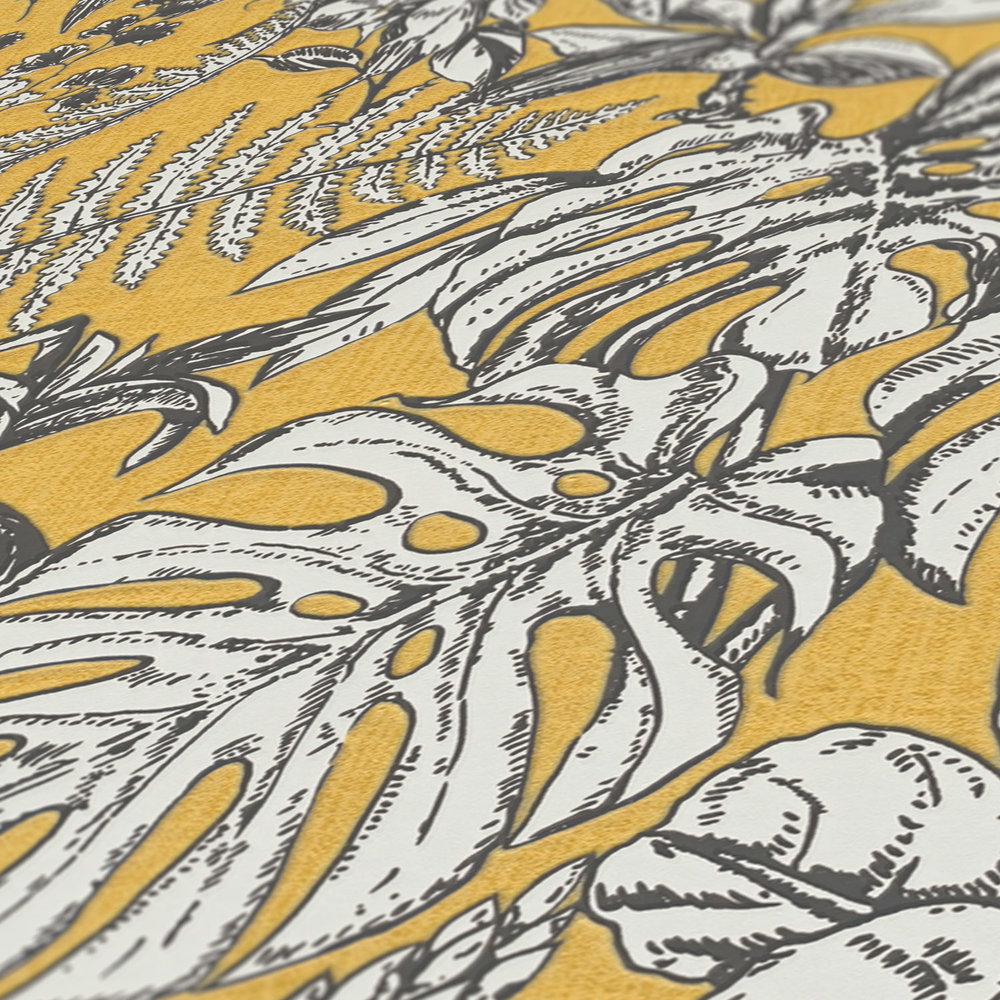             Papel pintado no tejido selva, hojas de monstera y helechos - amarillo, blanco, gris
        