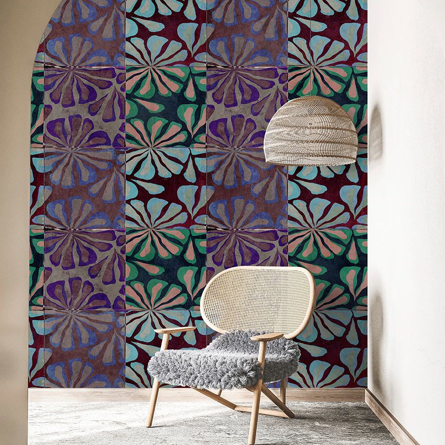 Photo wallpaper »nevio« - Colourful patchwork design in front of concrete plaster look - Lightly textured non-woven fabric
