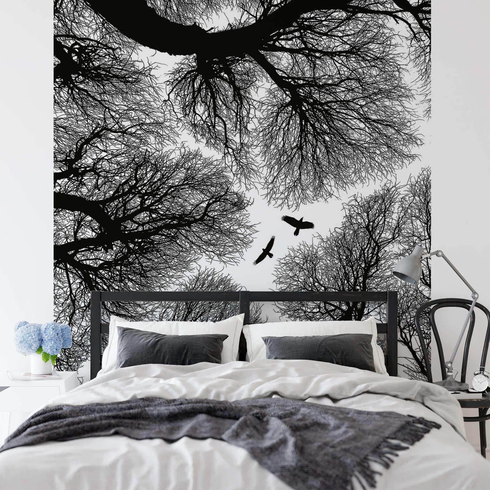             Narrow Tree Top Behang - Zwart, Wit
        