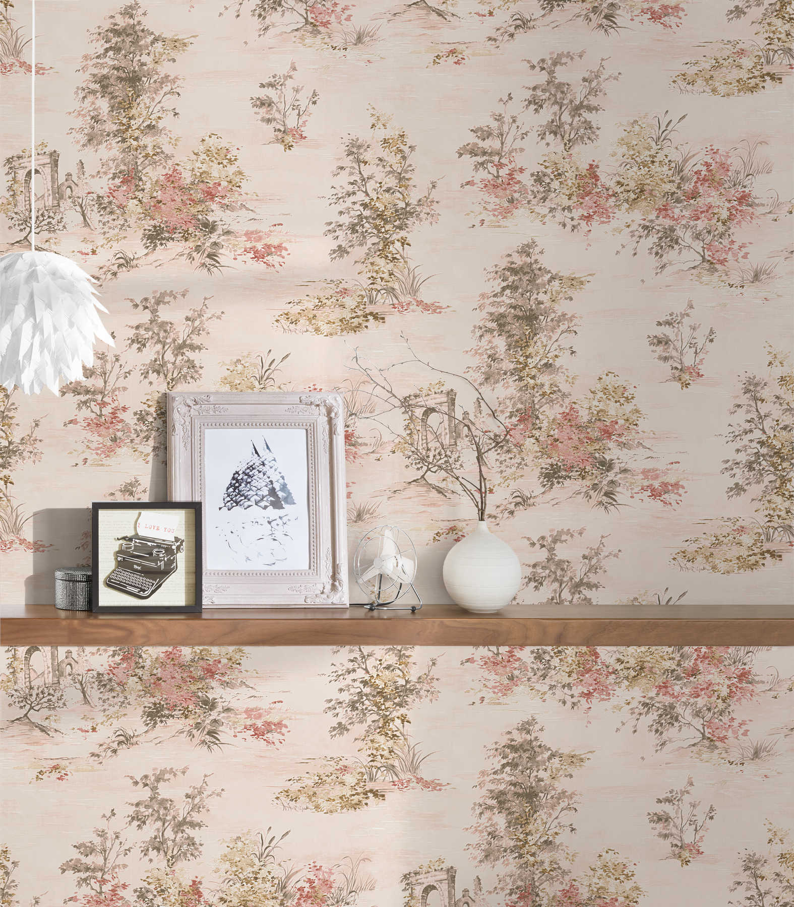             Wallpaper with landscape motif in classic style - red, pink, grey, cream
        