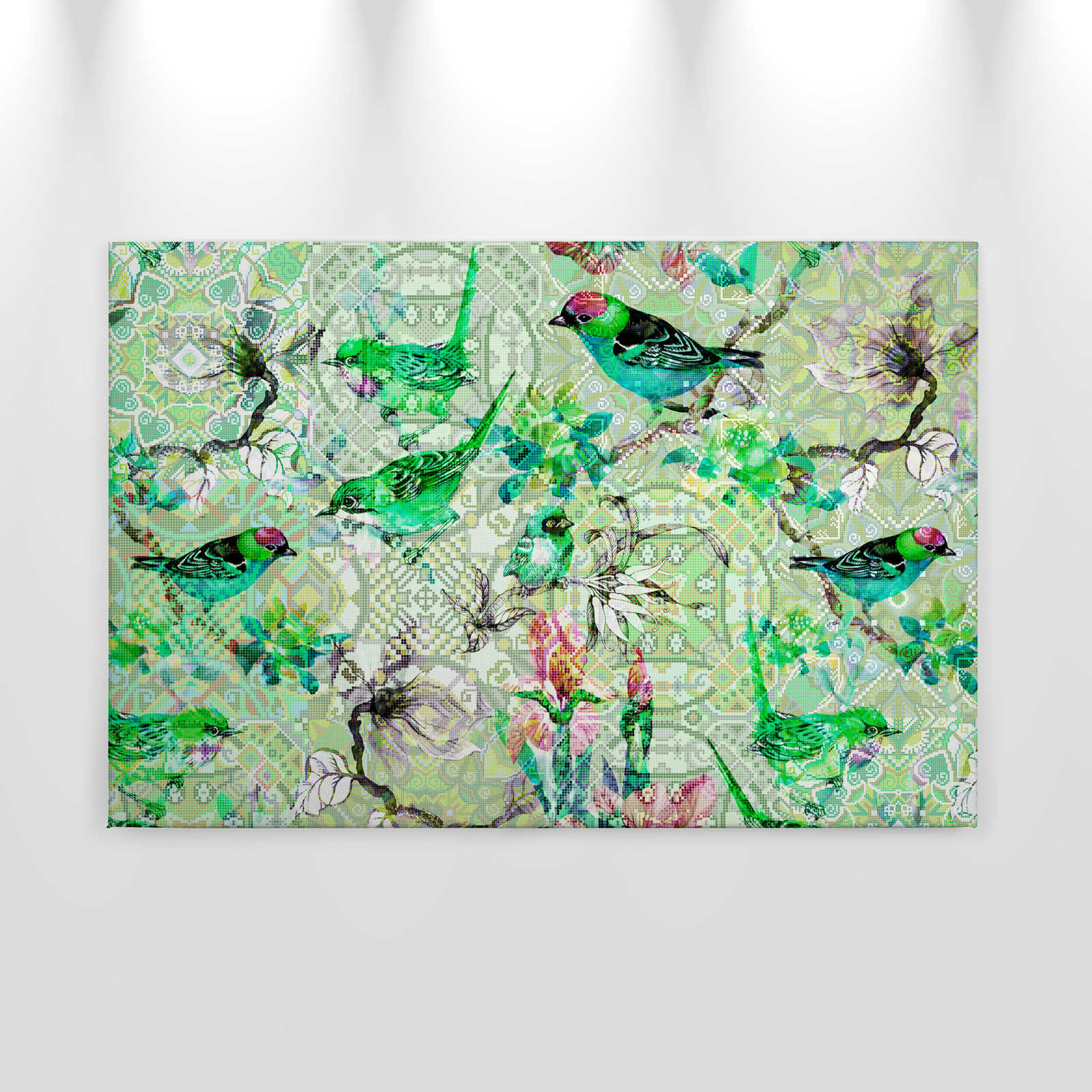             Pittura su tela verde con motivi a mosaico - 0,90 m x 0,60 m
        