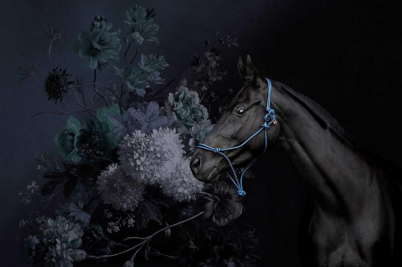             Quadro su tela in stile ritratto di cavalli con fiori - 0,90 m x 0,60 m
        