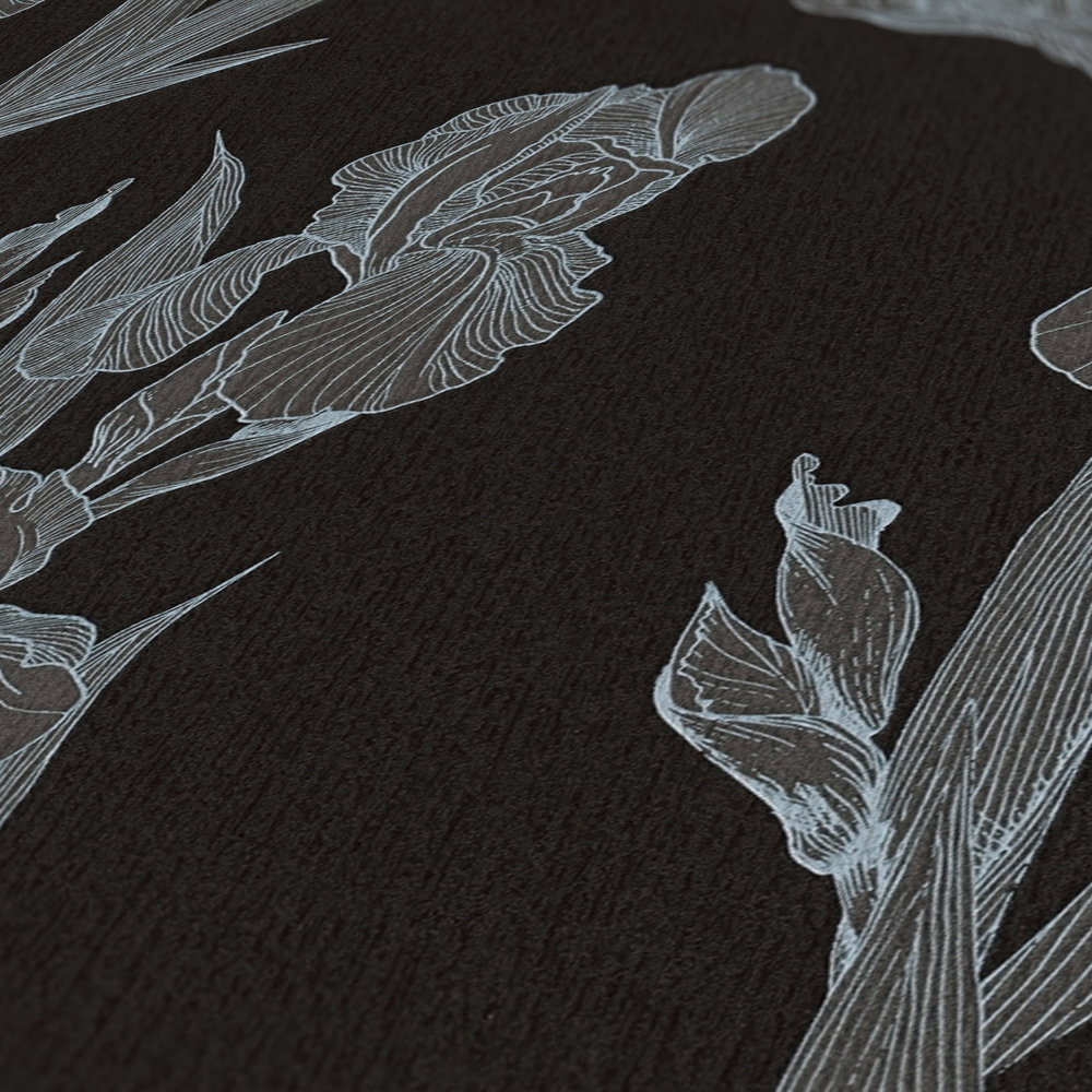             Papier peint fleuri moderne stylisé, rinceaux de fleurs - noir, gris, blanc
        