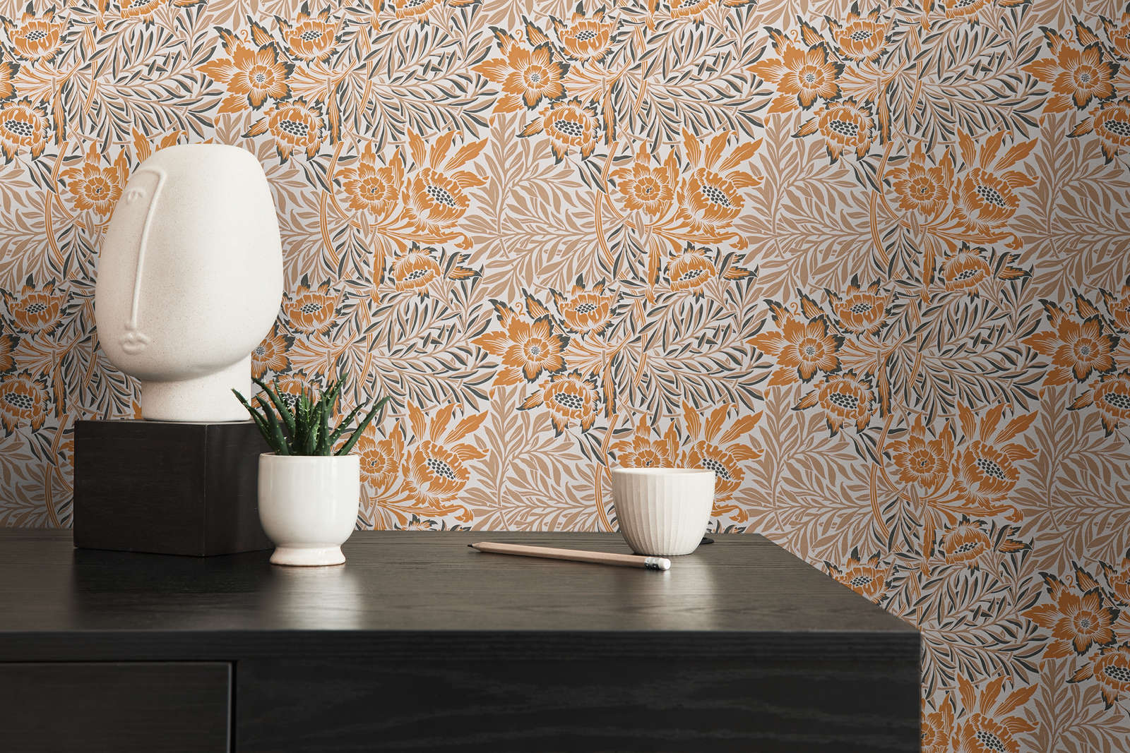             Non-woven wallpaper with flowers and leaf tendrils - orange, beige, white
        
