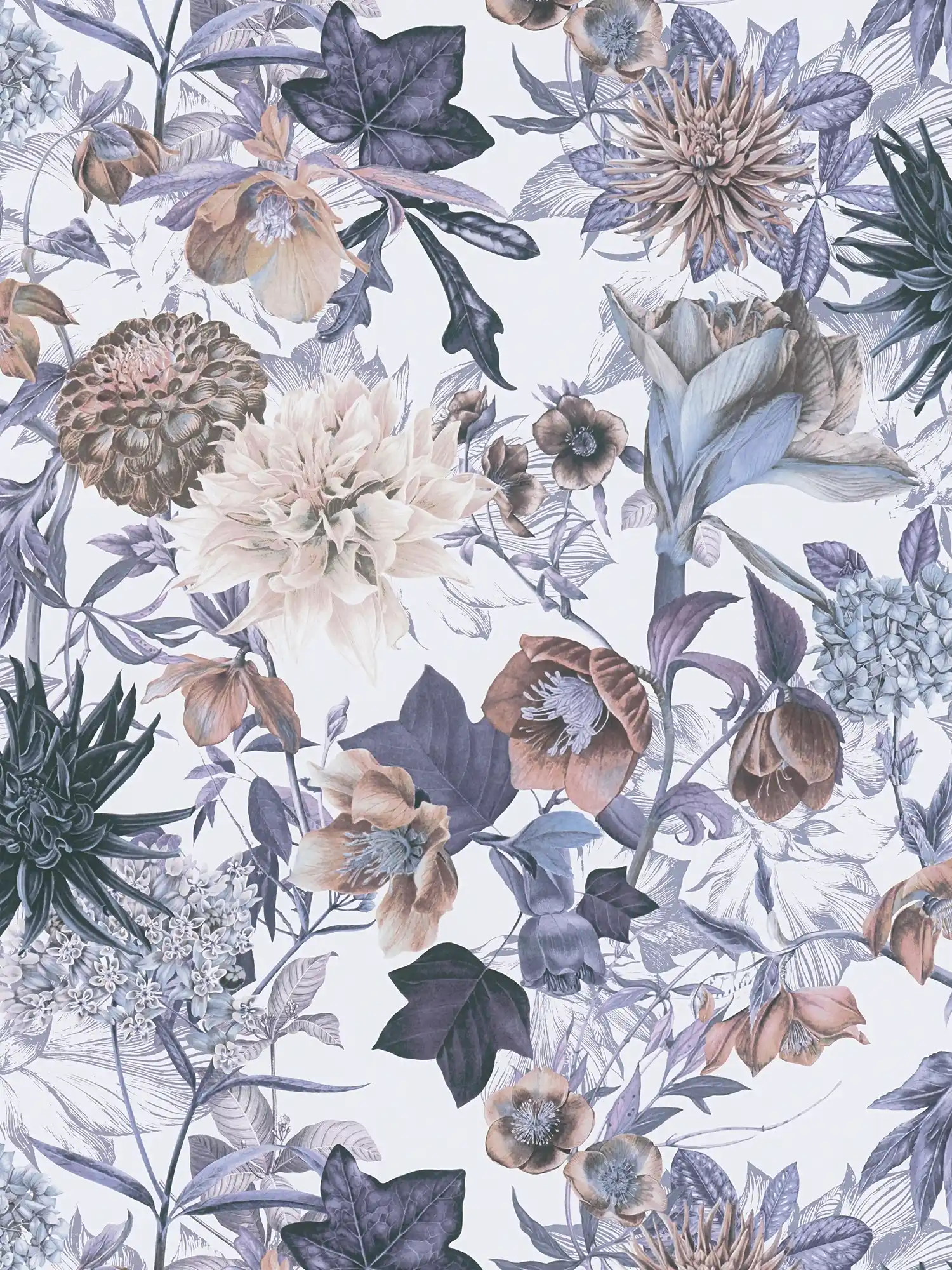 Papel pintado con motivos florales - azul, marrón, gris
