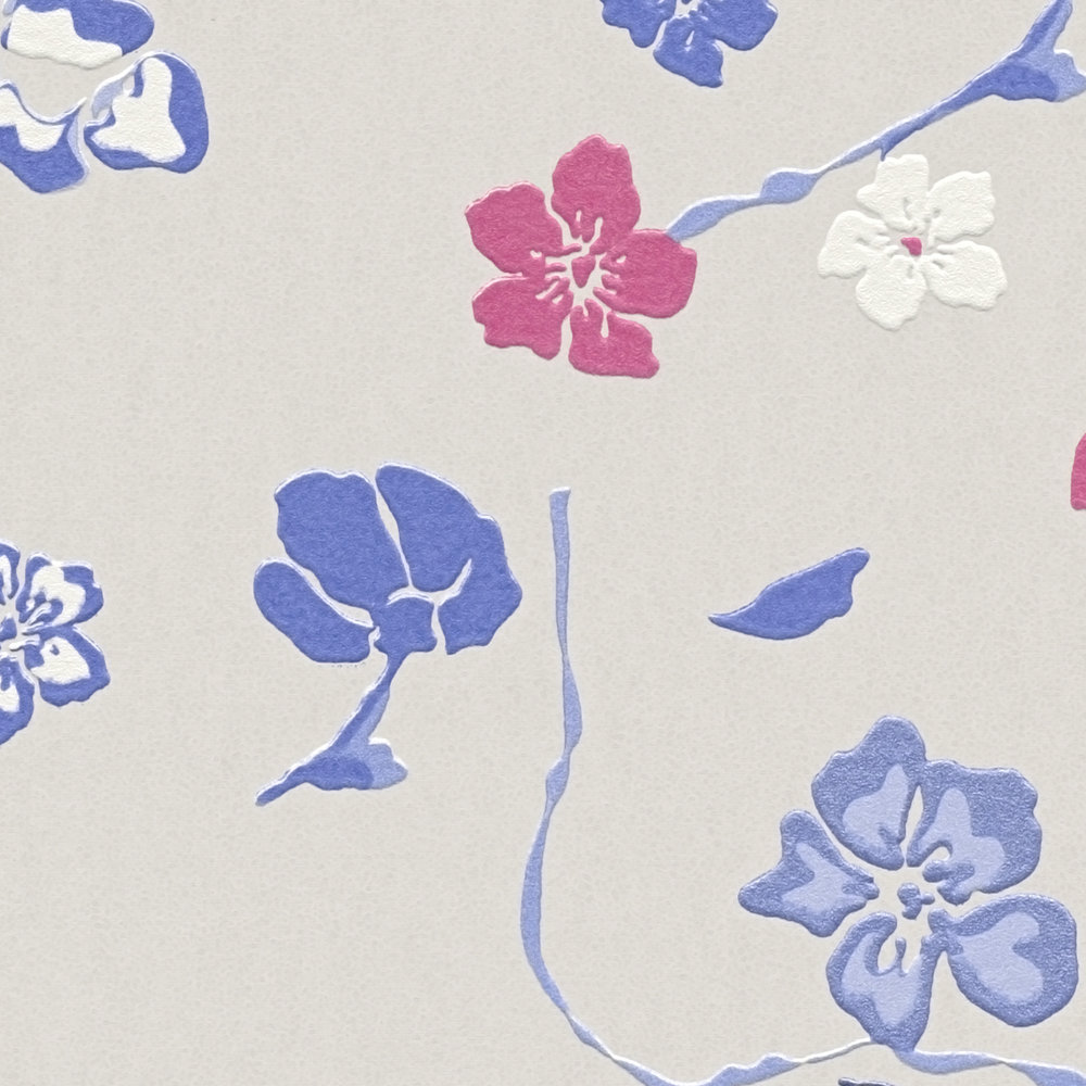             Vliesbehang met speels bloemenpatroon - lichtgrijs, blauw, roze
        