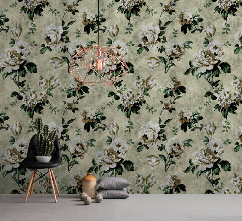             Wild roses 1 - Roses wallpaper in retro look, green- scratch structure - blue, green | pearl smooth fleece
        