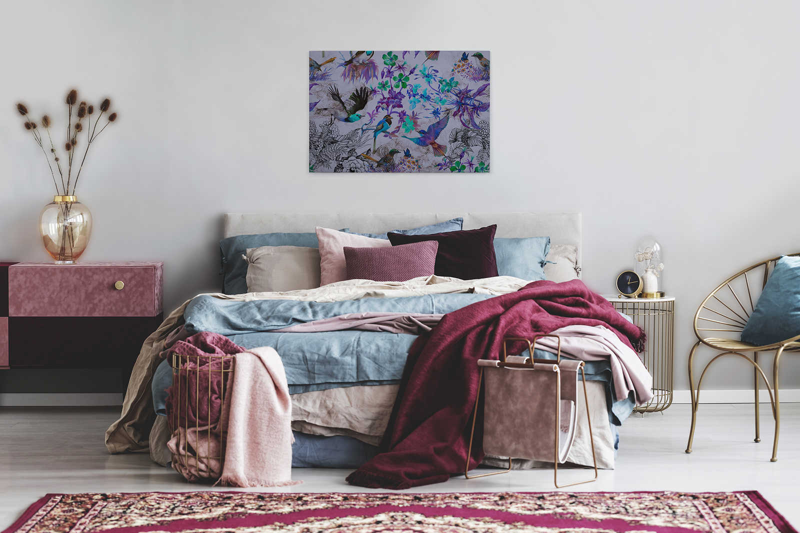             Cuadro en lienzo morado con flores y pájaros - 0,90 m x 0,60 m
        
