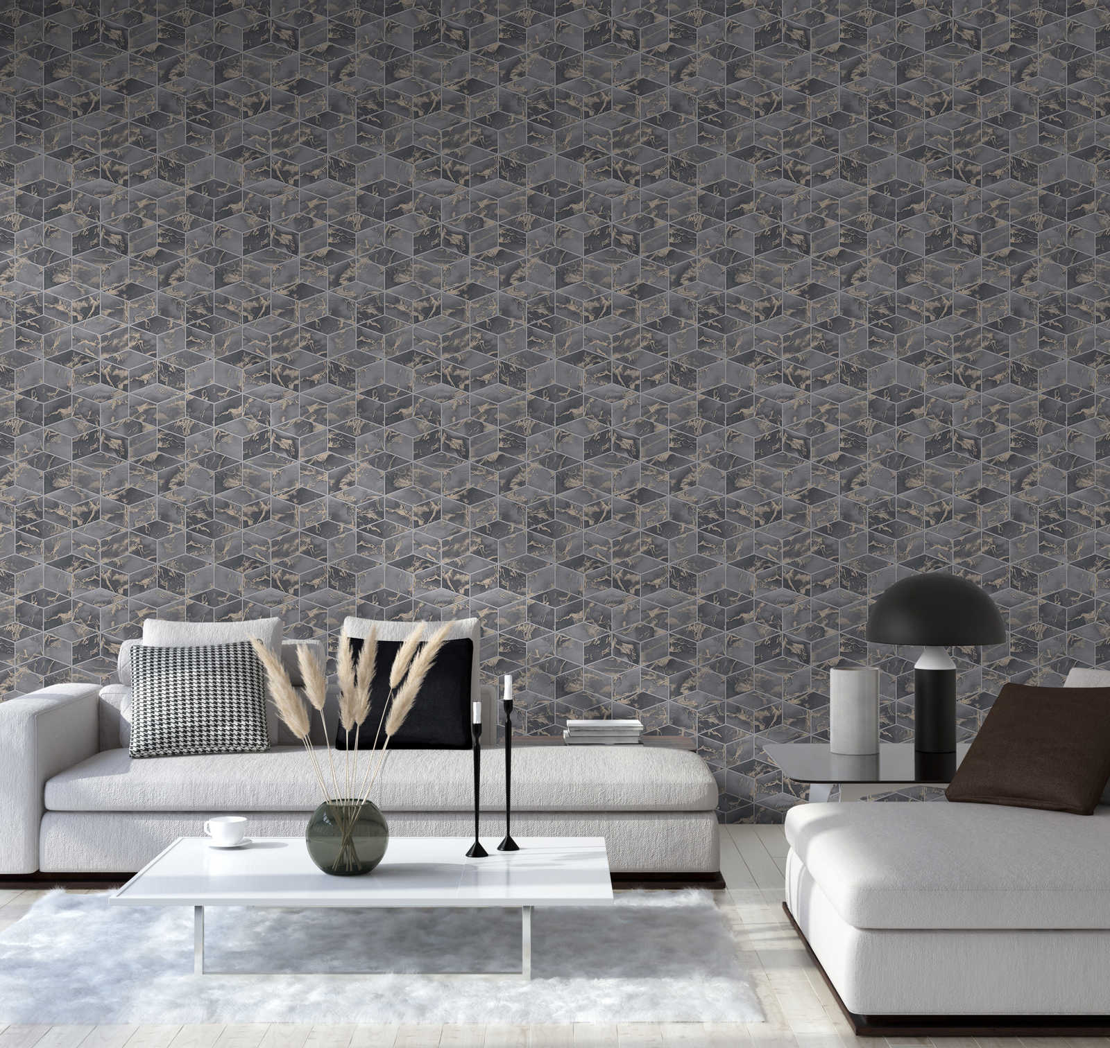             Wallpaper tile look with gold marbling - beige, grey, metallic
        