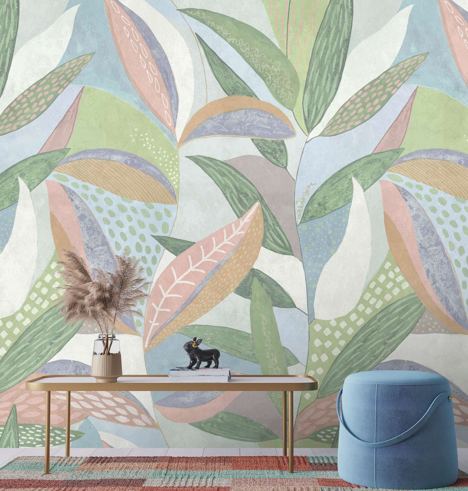             Photo wallpaper »emilia« - Colourful pastel leaf pattern in front of concrete plaster structure - green, blue, pink | Smooth, slightly shiny premium non-woven fabric
        