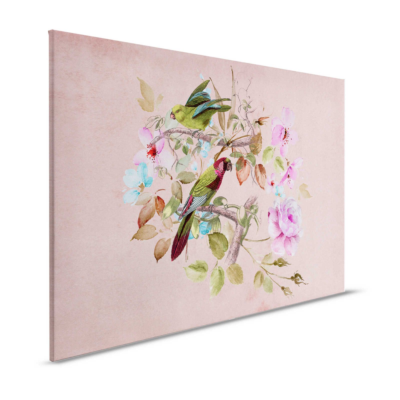 Nido de amor 2 - Lienzo Vintage Flores de acuarela rosa y pájaro de colores - 1,20 m x 0,80 m

