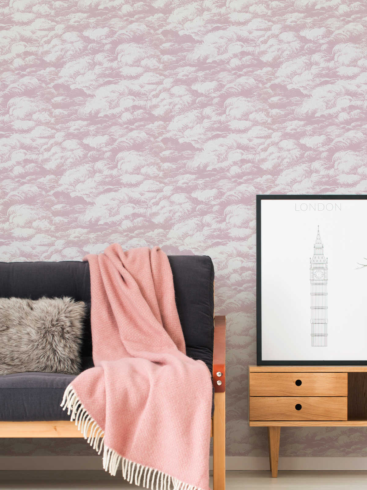             behang oud roze wolken ontwerp vintage landschap - roze, wit
        