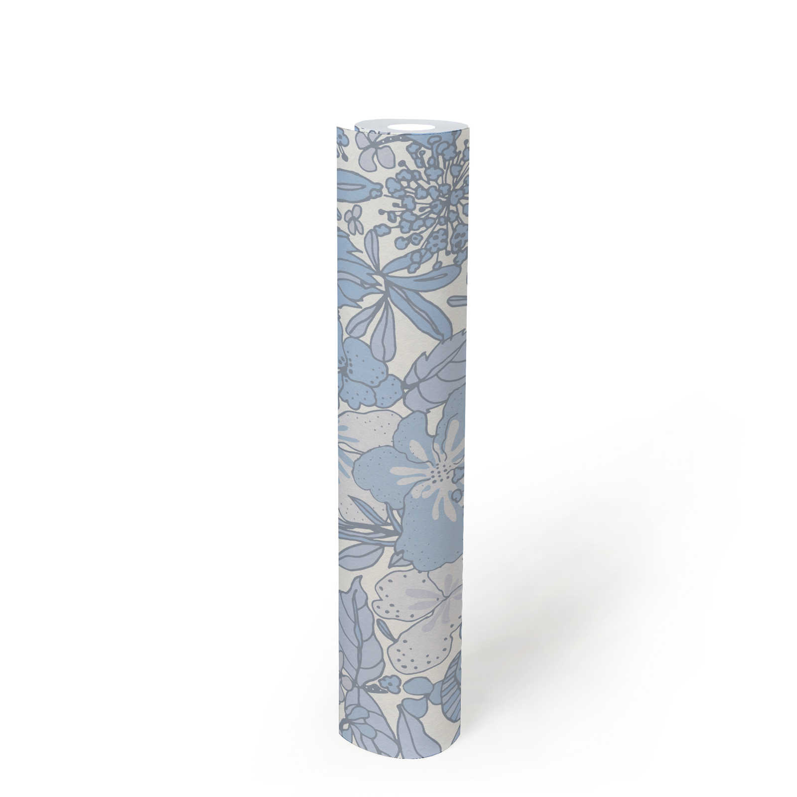             Wallpaper blue & white with 70s retro floral pattern - grey, blue, white
        
