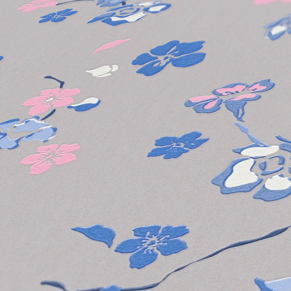             Papier peint à motif floral avec effet brillant - gris, bleu, rose
        