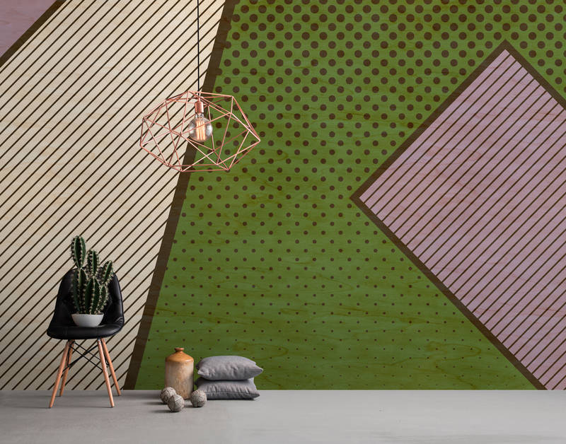             Bird gang 3 - Abstract wallpaper in plywood structure with colourful patches - Beige, Green | Structure non-woven
        