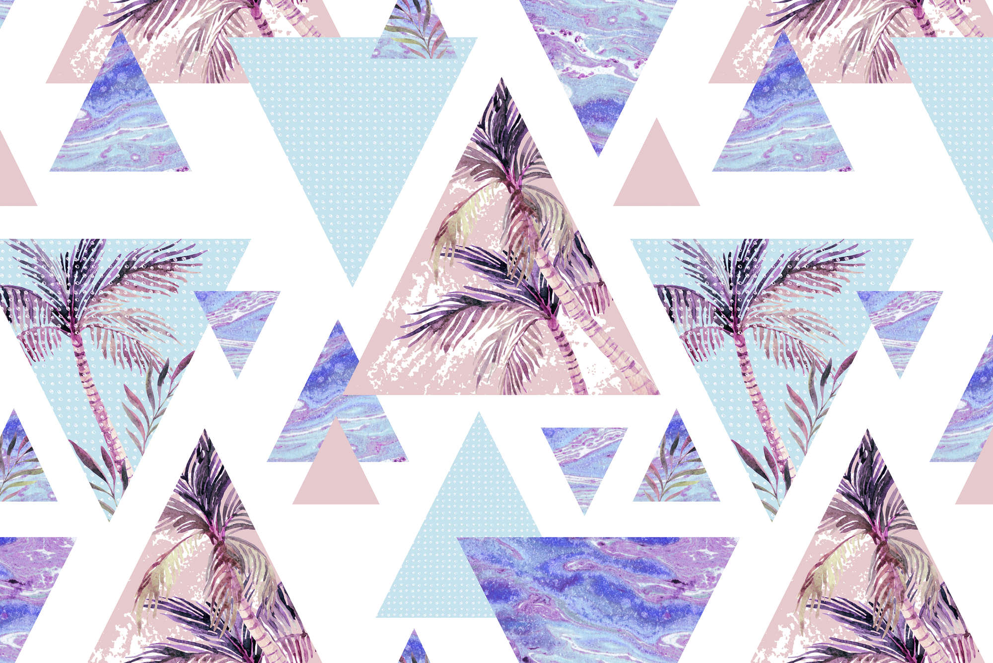             Graphic mural triangles with palm tree motifs on textured non-woven fabric
        