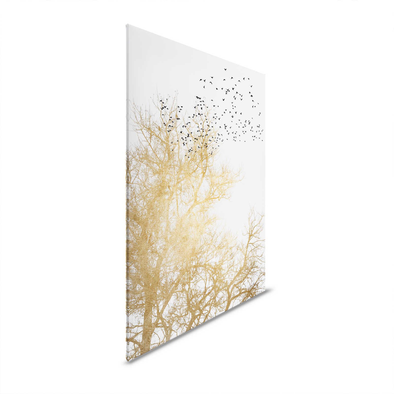 Canvas schilderij met gouden bomen en zwerm vogels - 0.90 m x 0.60 m
