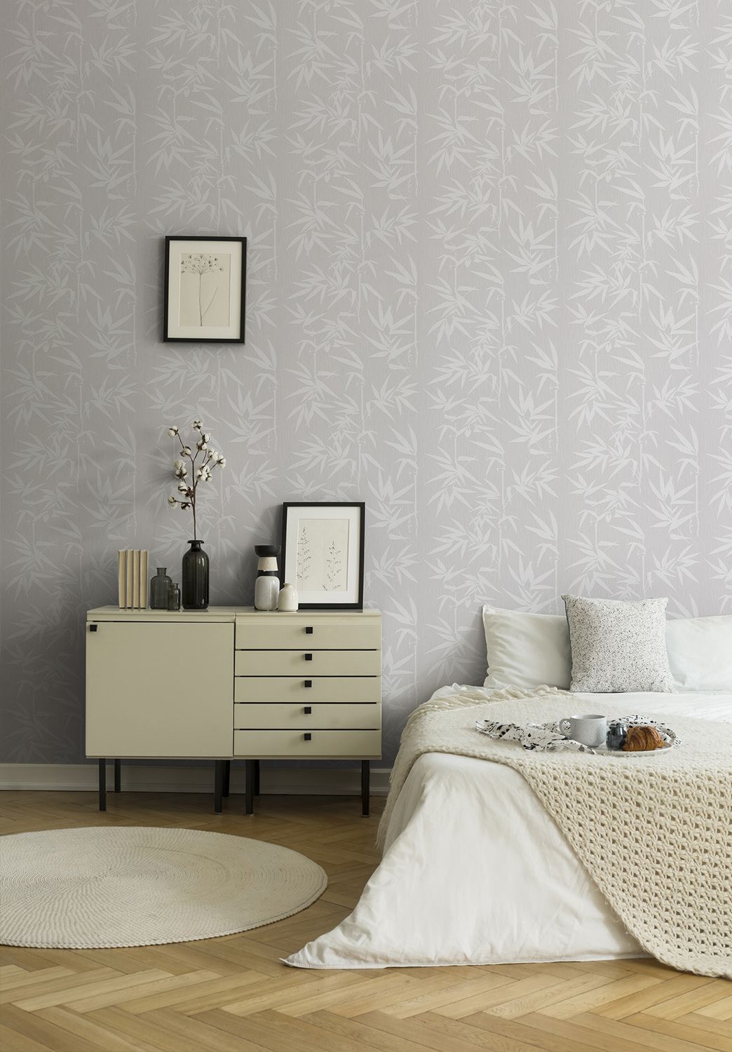 Bedroom with nature design wallpaper in light grey AS293633